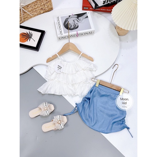 Set áo dây trắng bèo tầng + cv rút dây Moon bé gái