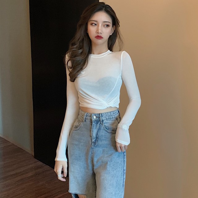 Áo thun mỏng bó Áo trắng dài tay, Áo hở eo Áo croptop MONSTER-STYLE