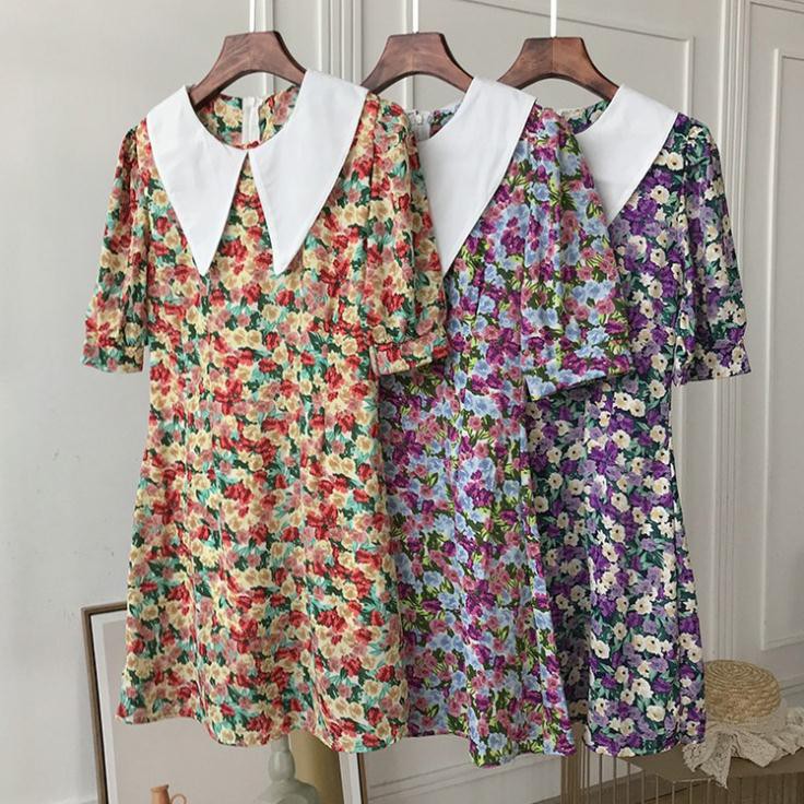 Đầm Hoa Nhí Cổ Lá Vintage Xòe Nhẹ Cực Trend (kèm hình chi tiết vải 2 lớp tự chụp) | BigBuy360 - bigbuy360.vn