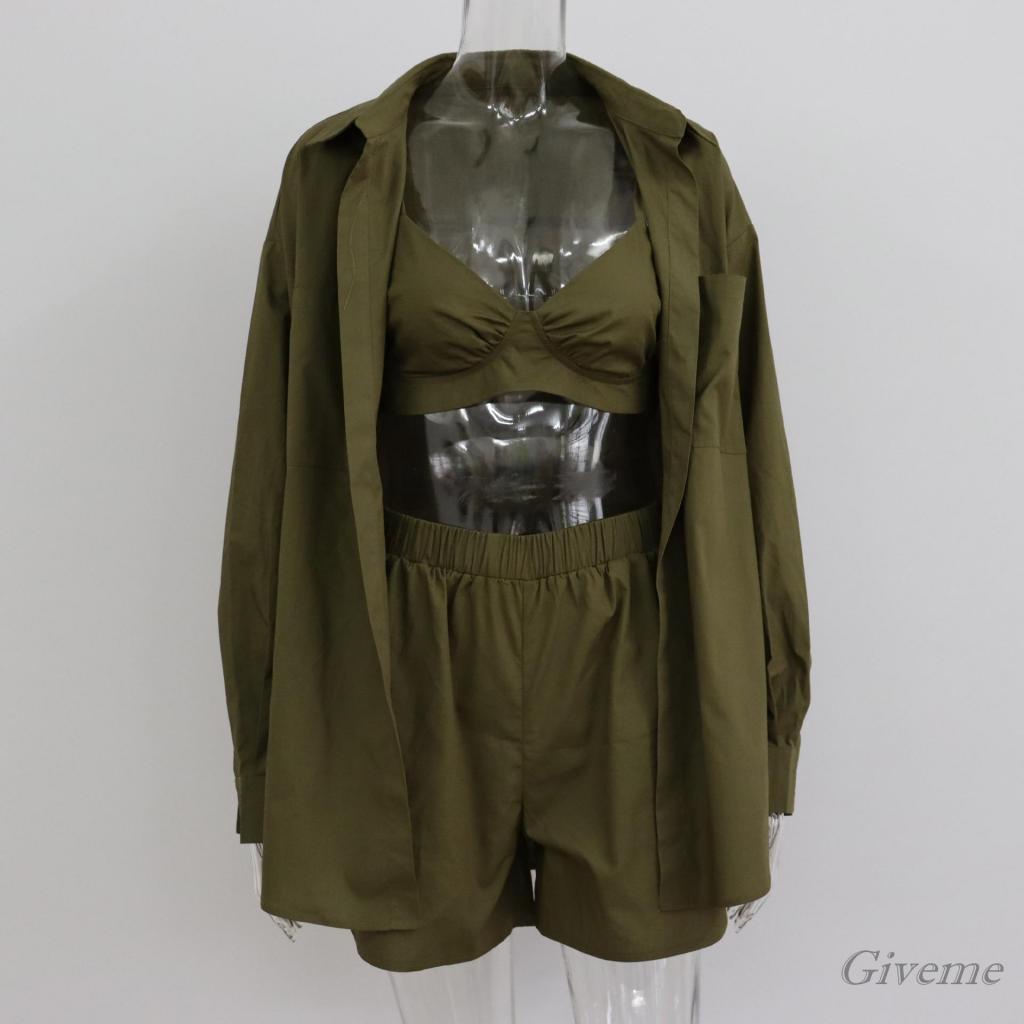 Set Đồ 3 Món Gồm Áo Hai Dây Màu Trơn/Áo Ngực/Quần Short Lưng Thun Cho Nữ