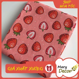 Vải bố linen đẹp may túi vải, túi tote, túi đựng hộp cơm xinh xắn - họa tiết Dâu tây V-D01