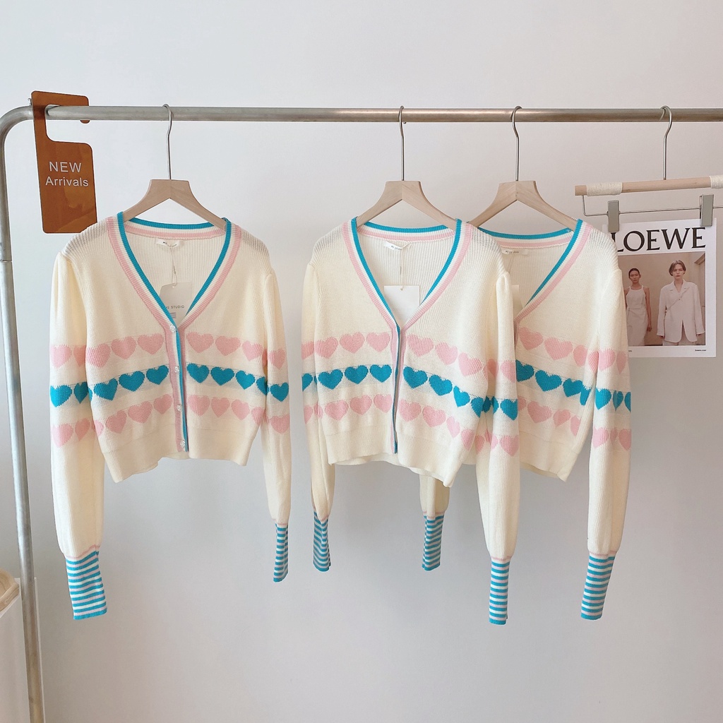 Áo Khoác Cardigan Dệt Kim Tay Dài In Hình Trái Tim Phong Cách Hàn Quốc Thời Trang