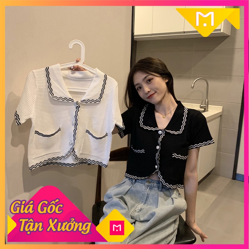 Áo Croptop Tay Ngắn, Có Viền, Áo Thun Cổ Sen Phong Cách Retro Hàn Quốc HH036