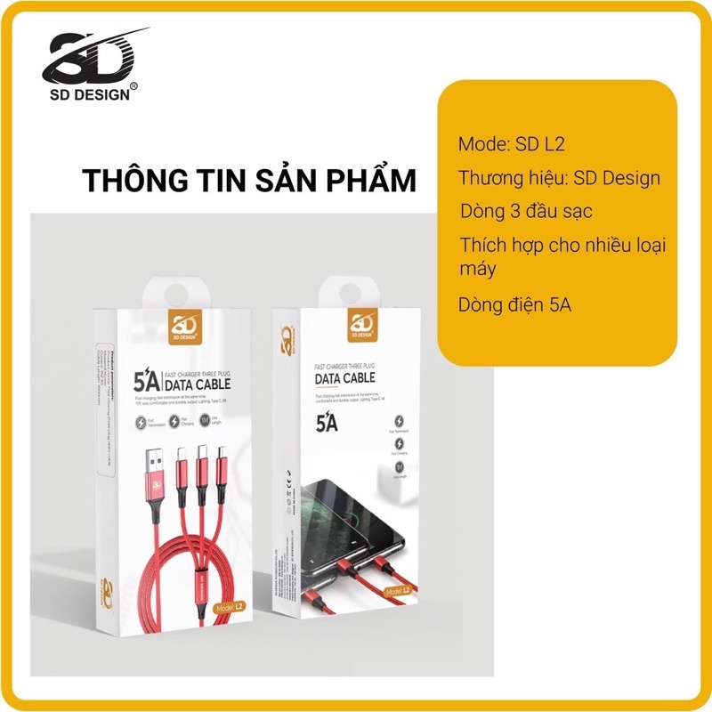 Dây cáp sạc 3 đầu bọc dù chính hãng SENDEM hỗ trợ sạc nhanh phù hợp nhiều dòng máy (chân sạc lightning /Micro /Type-C)