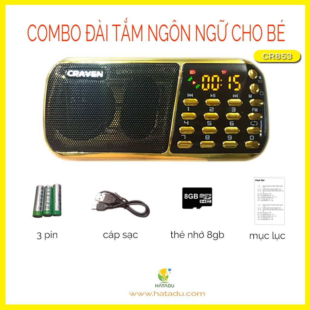 Combo Loa Đài CRAVEN CR-853, thẻ nhớ - Máy nghe nhạc mini Tắm Ngôn Ngữ cho bé