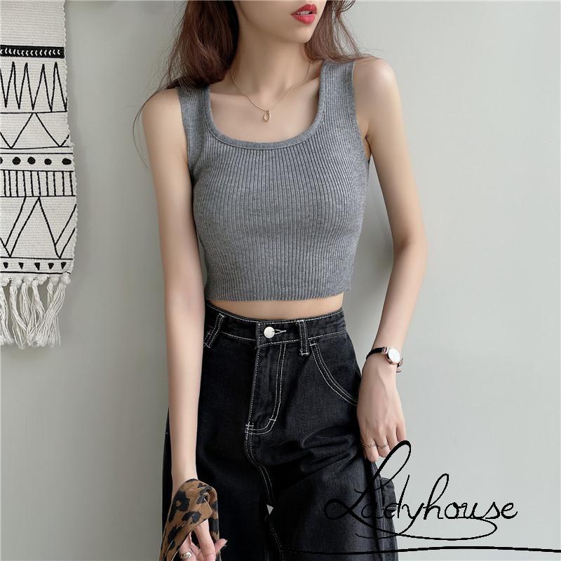 Áo Croptop Dệt Kim Không Tay Màu Trơn Ôm Dáng Xinh Xắn Cho Nữ