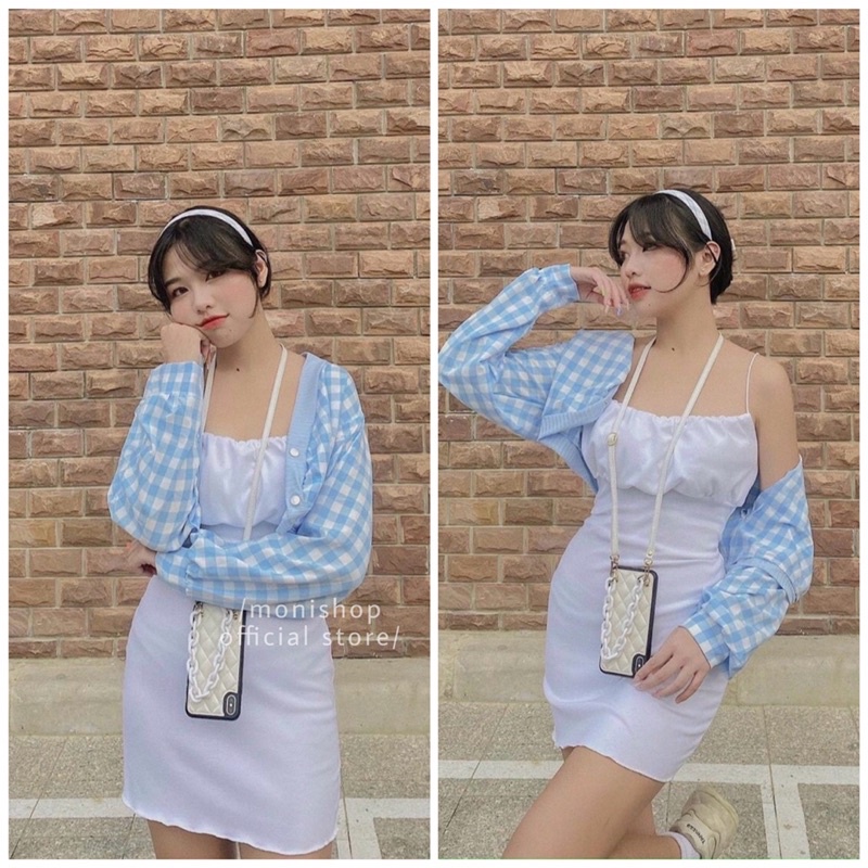 Set đầm 2 dây ôm body trắng áo khoác cardigan kẻ caro xanh dương S62