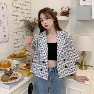 Áo sơ mi croptop cổ vest kẻ caro thời trang năng động, cá tính - 803 ་