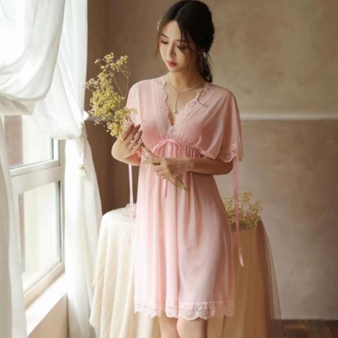 Váy ngủ ren sexy bẹt vai mặc hai kiểu đồ ngủ big size voan thun với màu hồng dễ thương Đẹp ! *  ༷ ✔  ྇