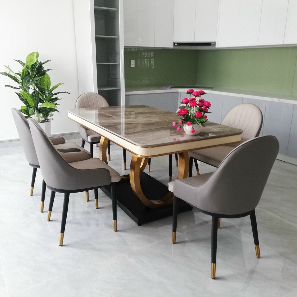 Bộ bàn ăn mặt đá phiến chân vòng viền da inox mạ vàng kết hợp cùng ghế monet