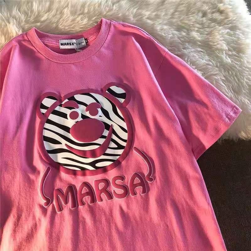 Áo Thun Ngắn Tay Dáng Rộng In Hình Gấu Dâu Tây Phong Cách Hàn Quốc Mới