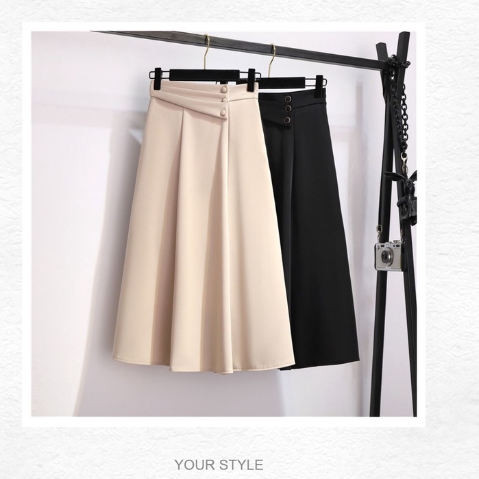 Chân váy xòe dáng dài trẻ trung lưng cao chân váy công sở hàn quốc, xòe 6 mảnh vạt bụng 3 cúc d68cm