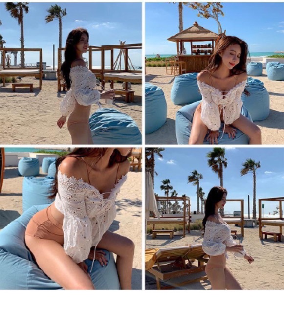 Set bikini kem nude kèm áo trắng ngoài | BigBuy360 - bigbuy360.vn