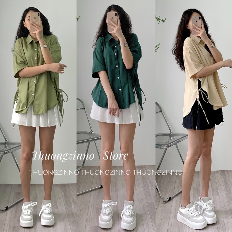 [Ảnh thật/Video]Áo sơ mi hai vạt buộc hông xinh xắn Áo sơ mi dây nơ hàng Quảng Châu