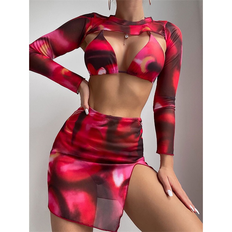 Bộ Đồ Bơi Bikini 4 Món Áo Tay Dài Phối Chân Váy Eo Cao Màu Đỏ Quyến Rũ Sang Trọng