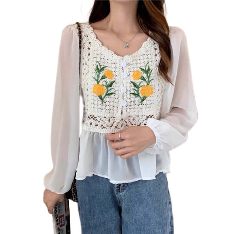 Brroa Áo Peplum Dệt Kim Dài Tay Viền Bèo Nhún Họa Tiết Hoa Cho Nữ