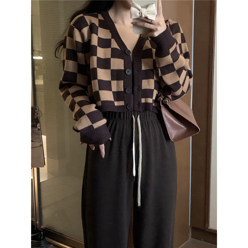 Áo khoác cardigan dệt kim tay dài dáng rộng kẻ sọc ca rô thời trang Hàn Quốc cho nữ