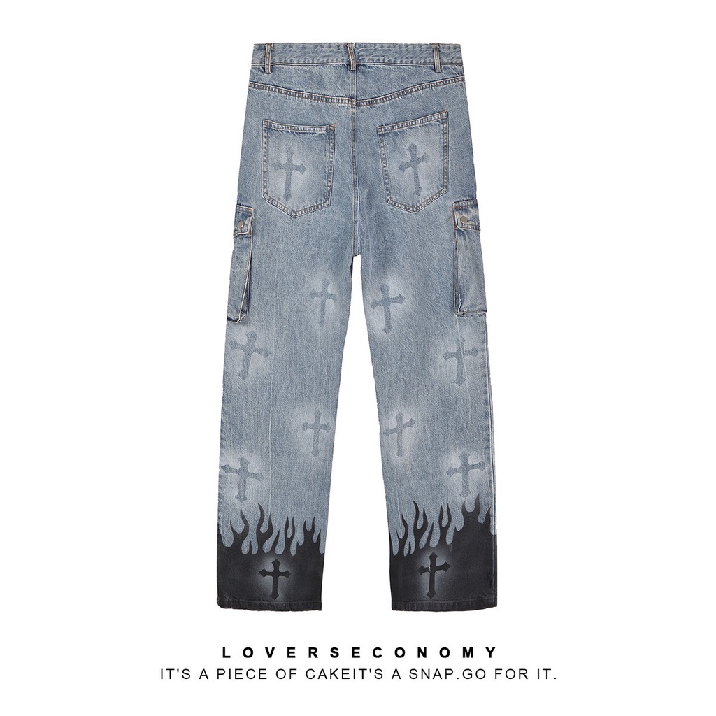 (Hàng Sẵn) Quần jean nam ống hộp họa tiết in thánh giá cá tính Miuzi,Quần jean Unisex Miuzi DT122
