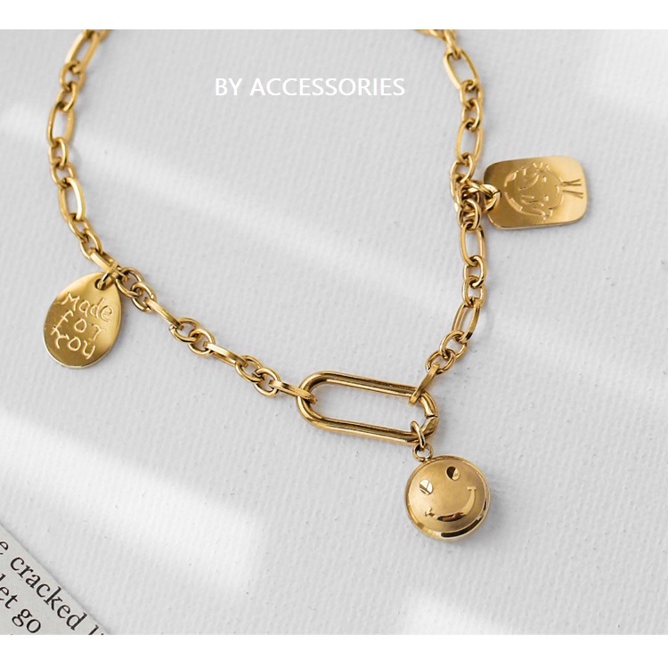 Lắc tay nữ unisex titan xích phối mặt cười made for you không gỉ