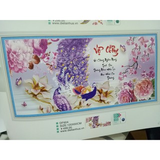 tranh đính đá thư pháp vợ chòng đôi chim công uyên ương hạnh phúc kt 120x60cm
