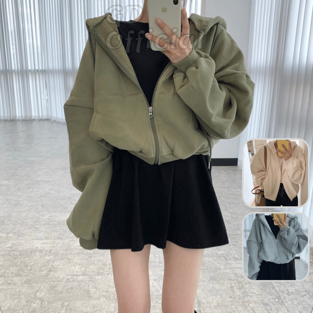 N20|Áo khoác hoodie nữ có mũ khóa dây kéo dáng ngắn dài tay đơn giản chất cotton, cổ điển màu xanh, be, xanh GD Official