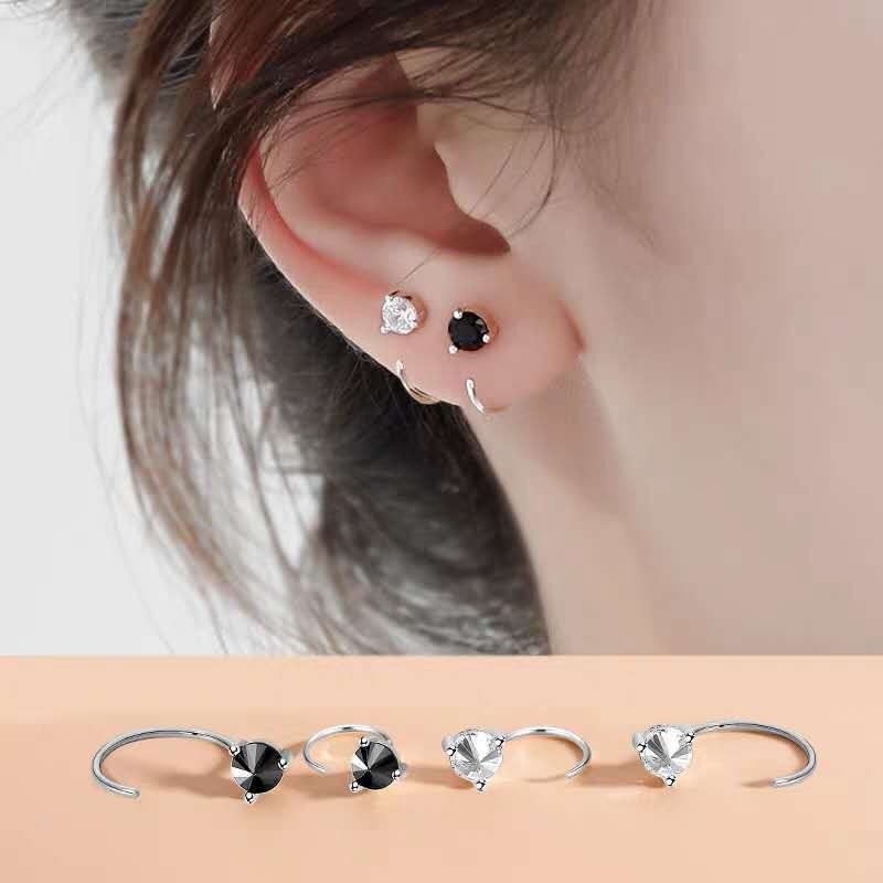 Bông tai bạc nữ dáng cong gắn đá nhỏ / Nụ bạc gắn đá Bibi silver