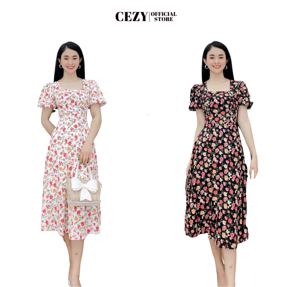 Đầm hoa nhí cổ vuông tay phồng dây thắt nơ eo có size bigsize CEZY D95 | BigBuy360 - bigbuy360.vn
