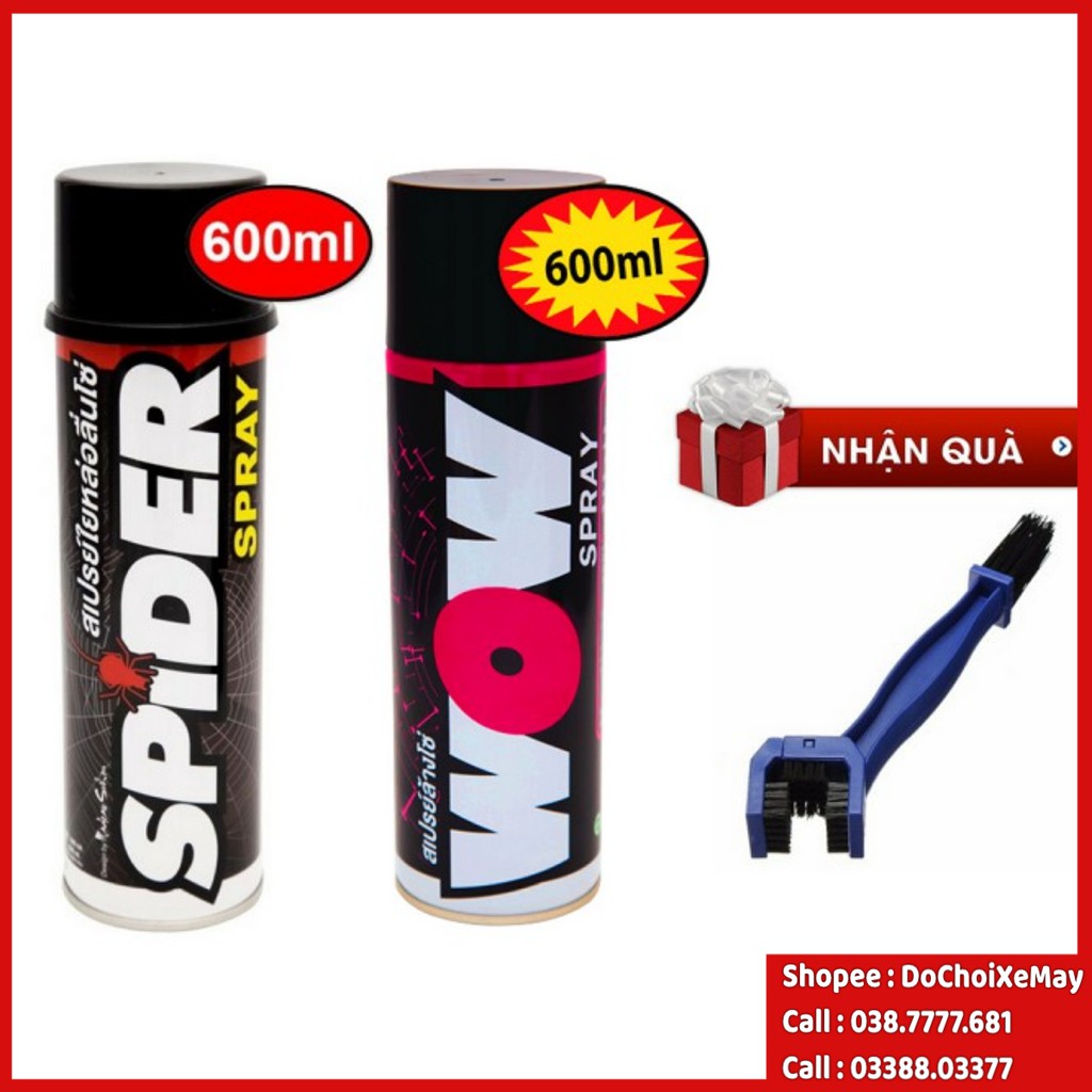 Combo Vệ Sinh Sên Lube71 Spider, Wow Spray 600ml Tặng bàn chải 3D. DoChoiXeMay