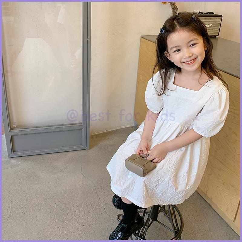 Đầm Cotton Trắng Cổ Vuông Dập Nổi Họa Tiết Búp Bê Thời Trang Mùa Hè Cho Bé Gái