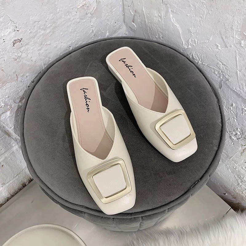 Square Buckle Slippers Women's Outer Wear New Fashion Casual Women's Shoes Muller SandalsinsToe Cap Semi Slipper Flip-Fl