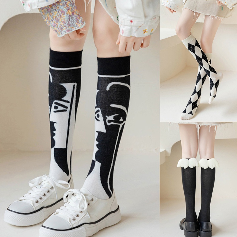 Youyo Vớ Cotton Cao Đến Đầu Gối In Họa Tiết Cánh Thiên Thần Kẻ Sọc Caro Phong Cách Lolita Nhật Bản Cho Nữ Sinh