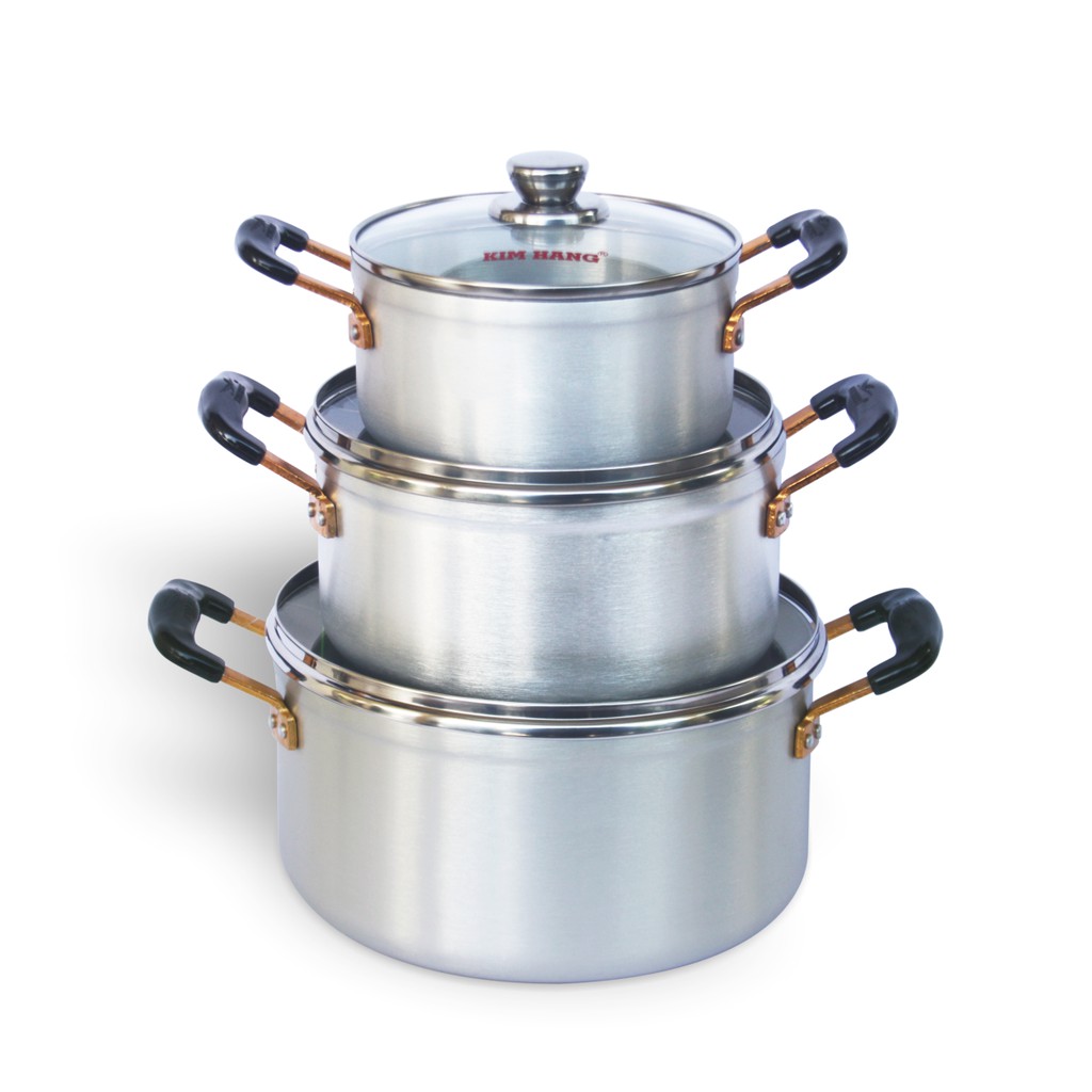 Bộ Nồi Nhôm đáy từ KH Long-life T3 lớn Kim Hằng KHG8038 (bộ 03 size: 18-22-26CM) nấu được trên bếp từ điện bếp gas