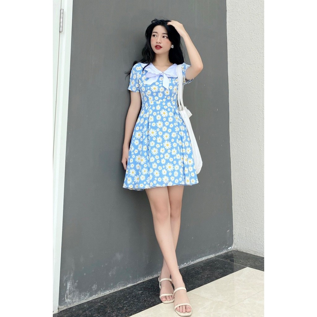 [Mã WABRWA15 giảm 15% đơn 300K] Đầm xòe họa tiết hoa hướng dương tay ngắn đính nơ cổ 20AGIAN DEW0438 | BigBuy360 - bigbuy360.vn