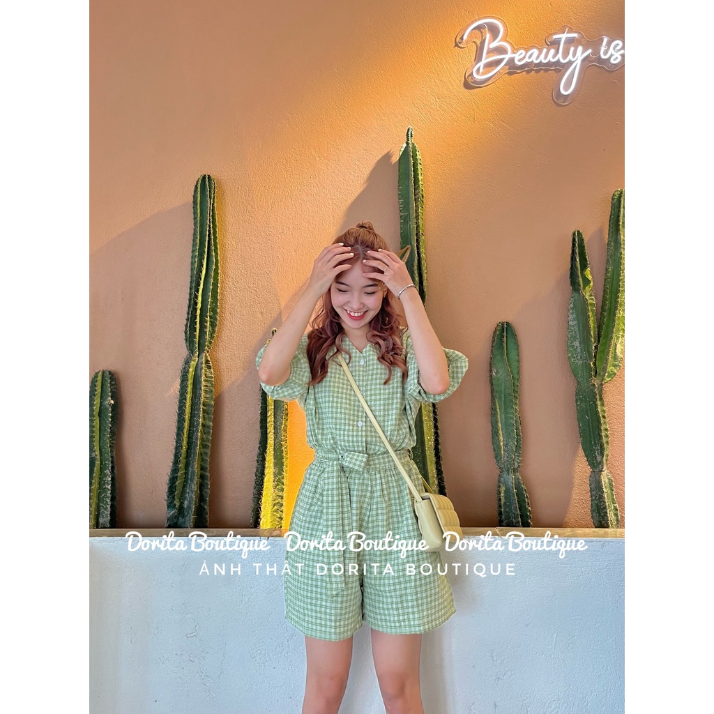 Jum kẻ kèm đai dáng Hàn, Jum kẻ caro kèm đai vải đũi xốp - Dorita Boutique