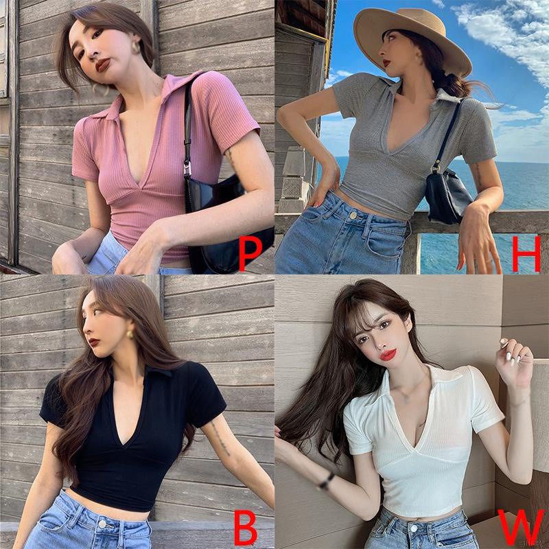 Áo Thun Croptop Dệt Kim Tay Ngắn Cổ Chữ V Màu Sắc Đơn Giản Phong Cách Hàn Quốc