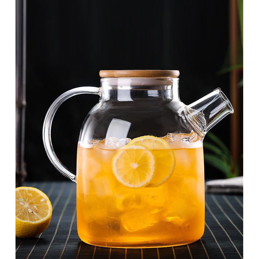 Bình detox, ấm trà thủy tinh cao cấp, kiểu dáng hiện đại, nắp gỗ và nắp inox Dung tích 1000 ml