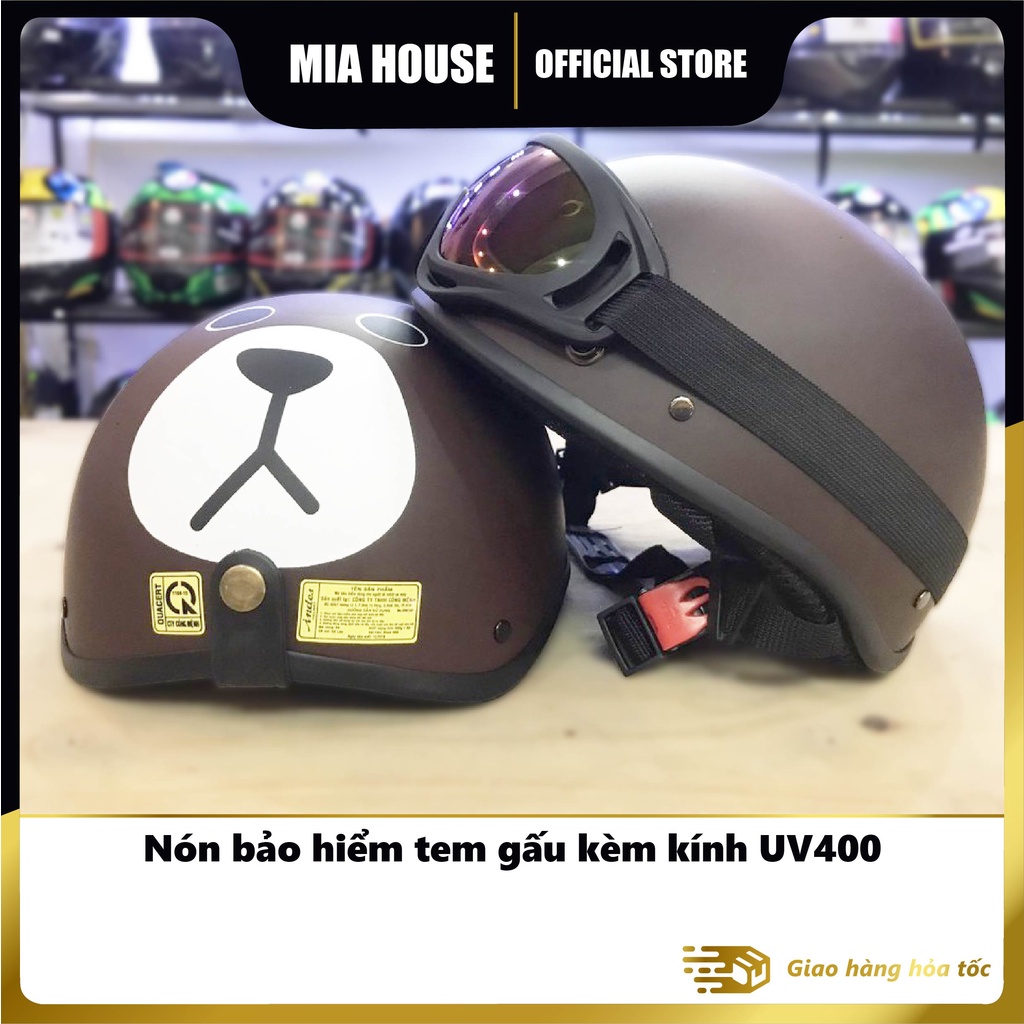 Nón bảo hiểm tem gấu kèm kính UV400 - nhiều màu