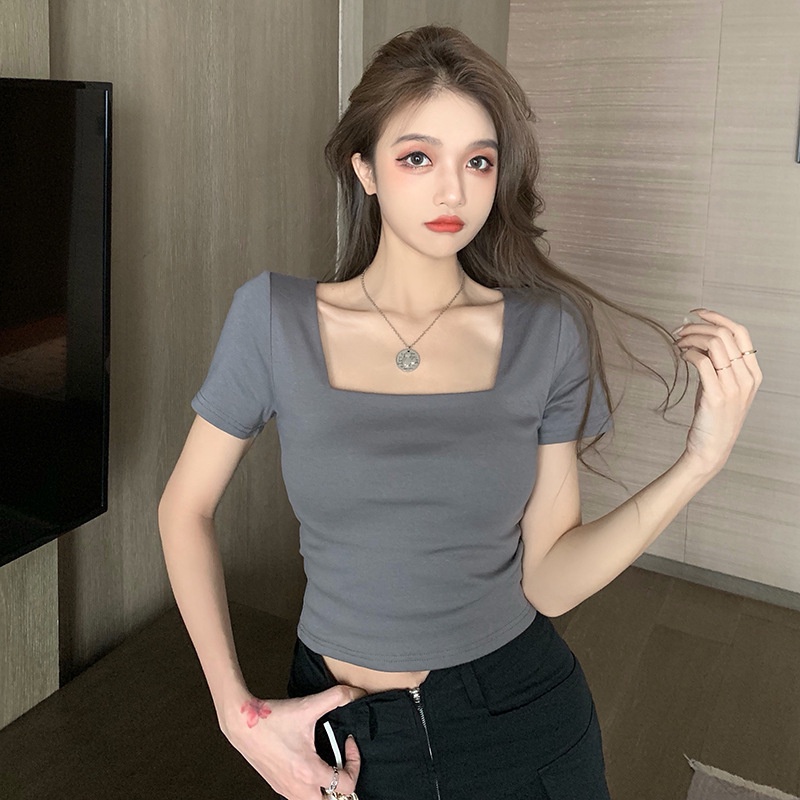 WANGJIAOZHAN Áo croptop thun tay ngắn cổ vuông thời trang nữ