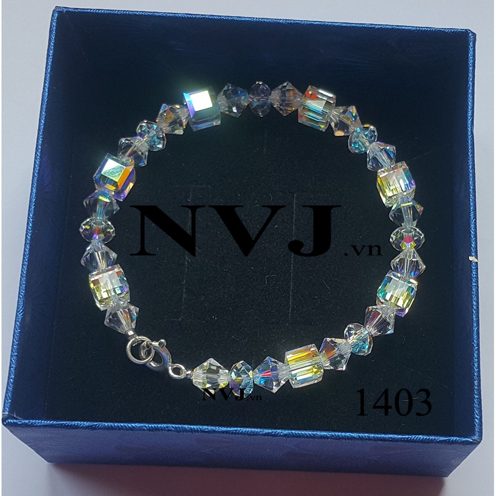 Vòng tay pha lê Swarovski hạt 6ly vuông 5601, bánh cam 5040, nón 5328 001AB, khóa tròn bạc 925