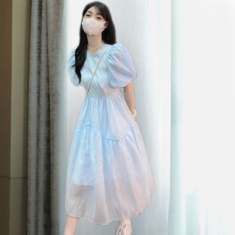 Váy babydoll Keyan Đầm Tay Phồng Màu Xanh Dương Ngọt Ngào Phong Cách Pháp Thời Trang Mùa Hè Cho Nữ