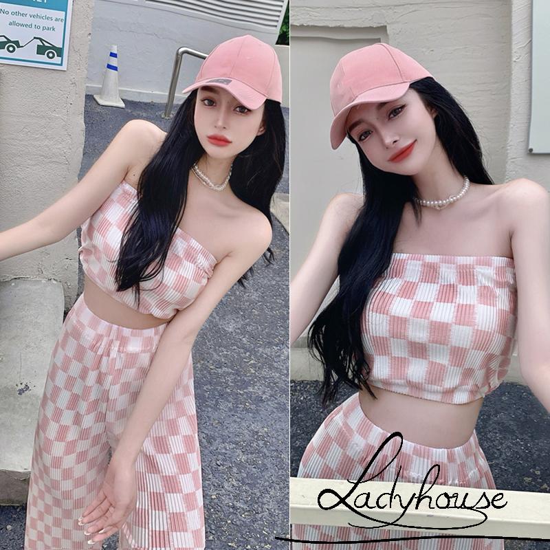 LDD-Women 2PCS Outfits, Check Pattern Sleeveless Tube Tops, High Waist Long Wide Leg Pants