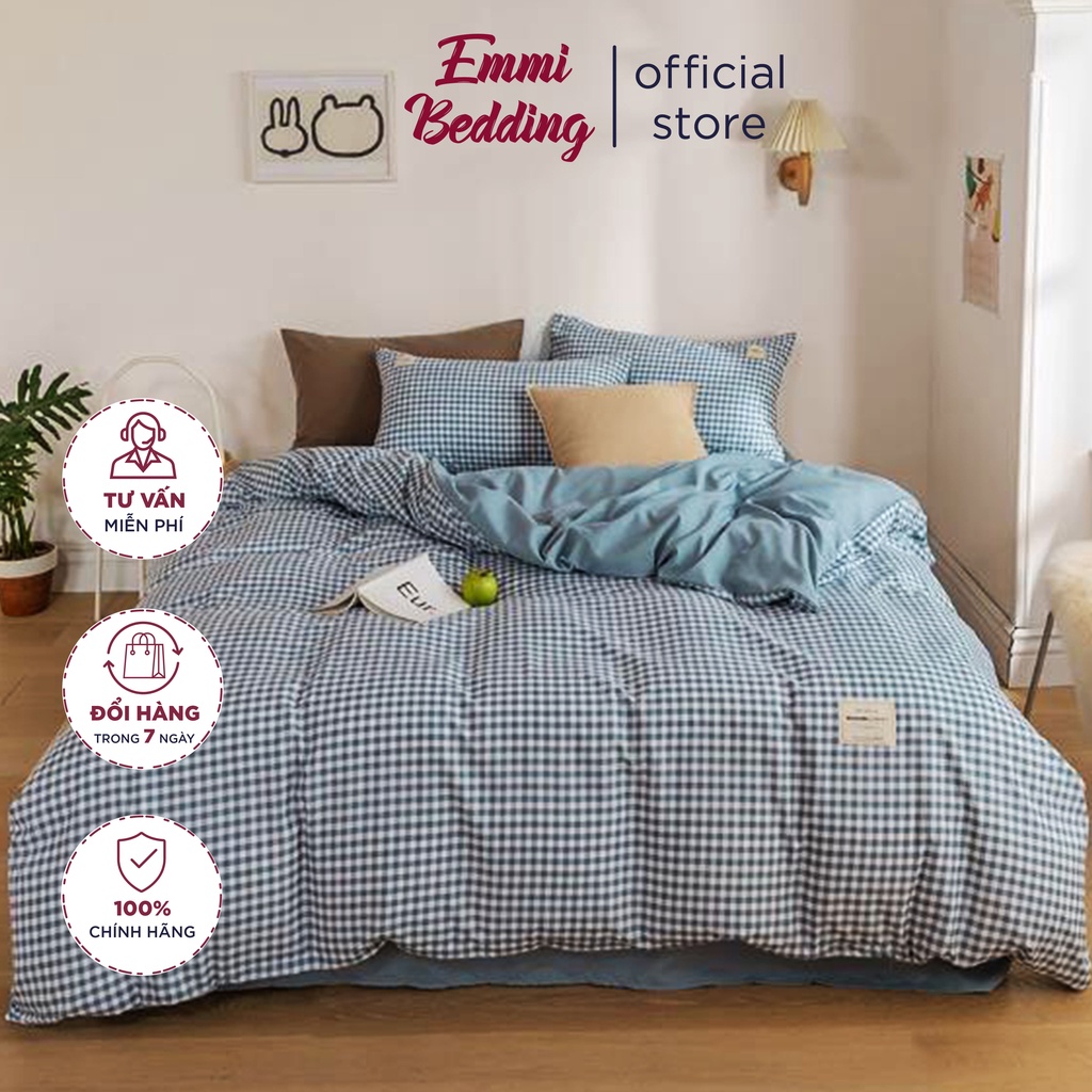 Bộ Chăn Ga Gối Cotton TC Emmidecor Kẻ caro xanh dương miễn phí bo chun và làm ga phủ theo yêu cầu
