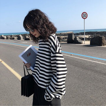 Áo Sweater Mỏng Dáng Rộng Kẻ Sọc Kiểu Hàn Quốc Thời Trang Cho Nữ