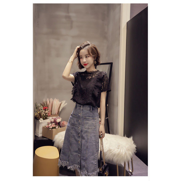 Áo kiểu nữ BH phối ren tay ngắn thời trang mùa hè