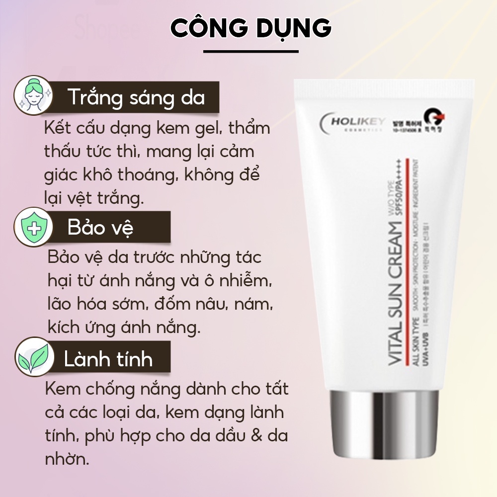 Kem chống nắng nâng tone giúp bảo vệ trắng sáng da chống trôi nước Holikey Vita Sun Cream W/OTYPE SPF50/PA++++ 70ml