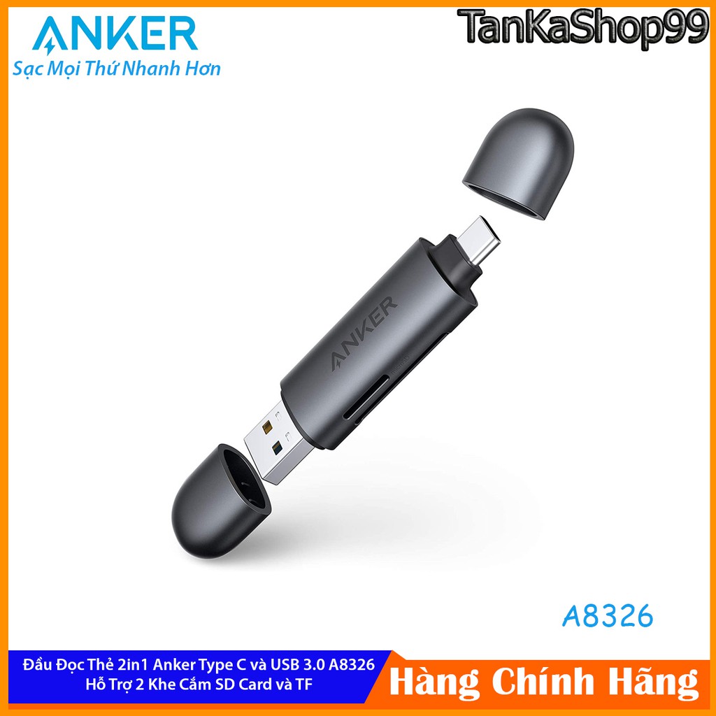 Đầu Đọc Thẻ 2in1 Anker Type C và USB 3.0 A8326, Hỗ Trợ SD Card và TF