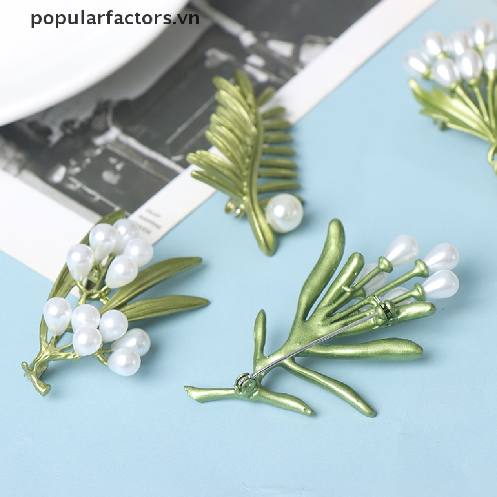 Ghim Cài Áo Hình Lá Cây Đính Ngọc Trai Màu Sắc Vintage