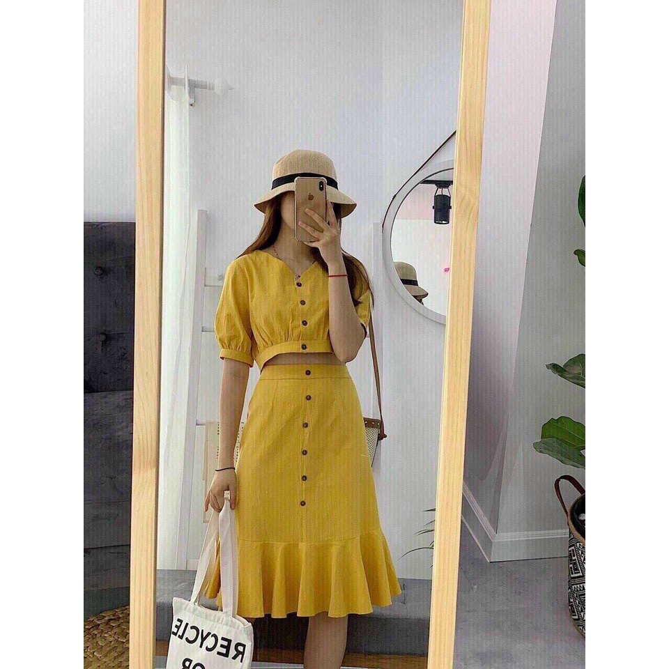 [ Miễn phí ship 2022 ] Set váy vàng nút tay búp, set chân váy đuôi cá cổ v , áo croptop trẻ trung, tiểu thư