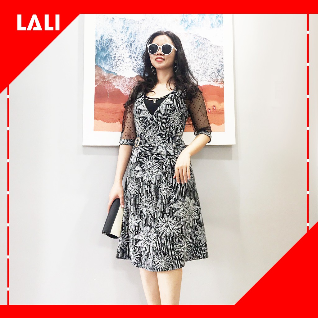 Đầm trung niên dáng xòe tay lỡ, váy trung niên nhũ dự tiệc dáng xòe bigsize MS69