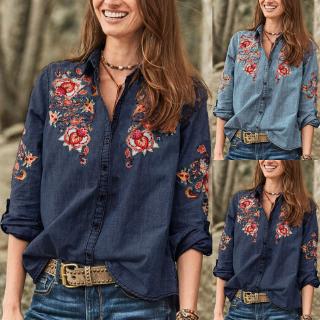 Áo sơ mi denim nữ thêu hoa dáng suông rộng